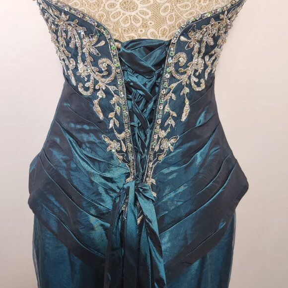 Allure Women's Size 14 Teal Strapless A-Line Appliques Taffeta Prom Dress Formal - Picture 10 of 14